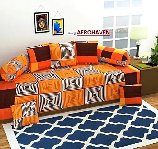 Hargunz Attractive Look 144TC Glace Cotton Diwan Set-Set of 8-Orange::Multicolor