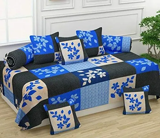 Decent home Polycotton Unique Patterns Diwan Set Covers 8 Pcs Set of 1 Bedsheet 2 Bolsters and 5 Cushion Covers