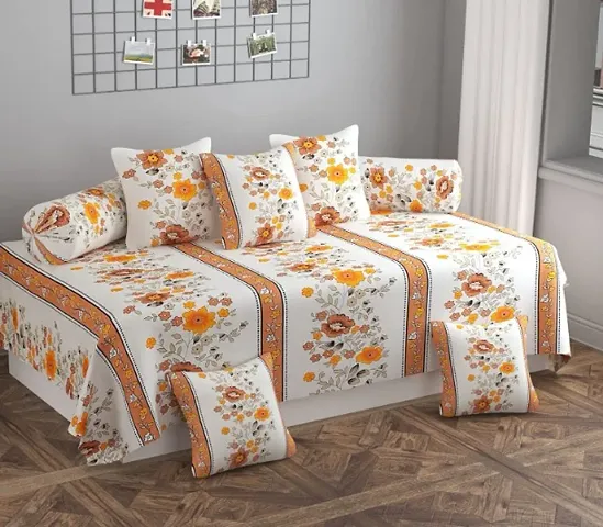 Tiptrek | Beautiful Set of 8 Pieces Diwan with 1 Single Bedsheet 2 Bolster Covers and 5 Cushions Covers | Beige-Floral