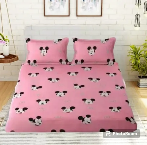 Cotton Villas 3D Printed Microfiber Pink Mickey Bedsheet for Double Bed with 2 Pillow Cover Microfiber and Cotton Mix Color Pink (88 X 88 inch )