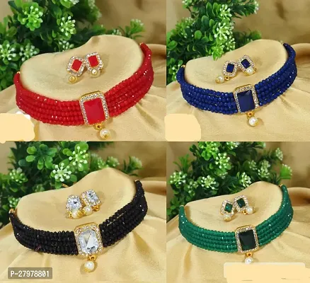 Metal Gold-plated choki Chokar  Red, Black, Blue ,Green,  Jewel Set  (Pack of 4)-thumb0