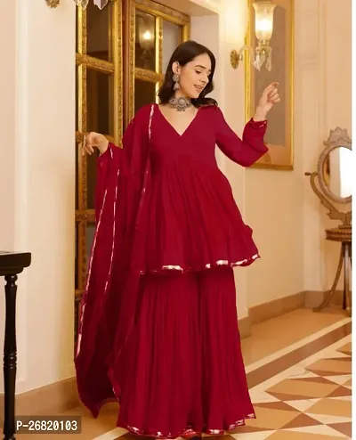 Stylish Georgette Gota Work Anarkali Kurta Sharara Dupatta Set-thumb0