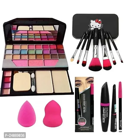 7pcs Makeup Brush set with Tya 6155 Makeup Kit + 2 pc Blender Puff and 3IN1 (KAJAL+MASCARA+EYELINER) Combo (Pack of 6)  (6 Items in the set)-thumb0