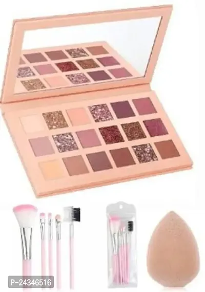 18 Colors Pigmented Nude Beauty EyeShadow Palette + 5PC. MAKEUP BRUSH SET + BLENDER PUFF ( COMBO SET)  (3 Items in the set)