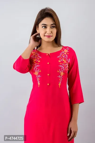 Red Embroidered Rayon Straight Kurta For Women's-thumb0