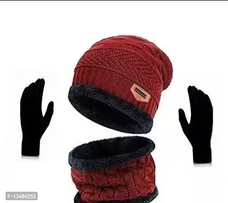 Classy Woolen Beanie Cap with Neck and Woolen Black Gloves Warmer for Unisex Cap-thumb0