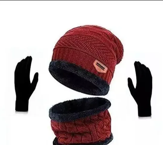 Classy Woolen Beanie Cap with Neck Warmer for Unisex with Gloves