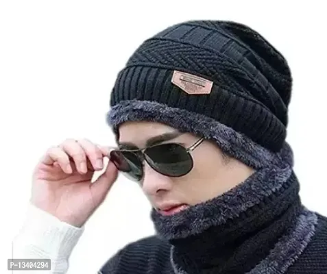 Unisex Snow Proof Inside Fur Wool Cap and Neck Warmer Set for Mens and Womens-thumb0