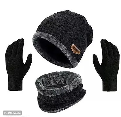 Classy Woolen Beanie Cap with Neck and Woolen Black Gloves Warmer for Unisex Cap