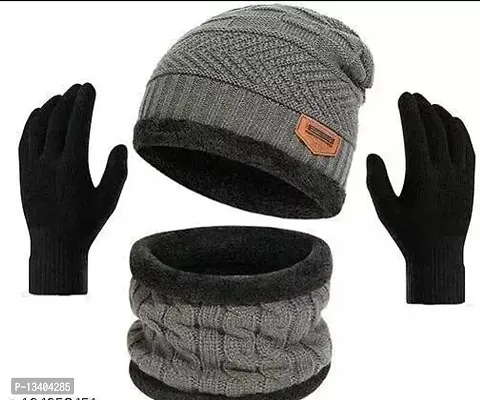Classy Woolen Beanie Cap with Neck and Woolen Black Gloves Warmer for Unisex Cap-thumb0