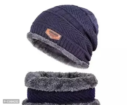 Unisex Snow Proof Inside Fur Wool Cap and Neck Warmer Set for Mens and Womens-thumb0