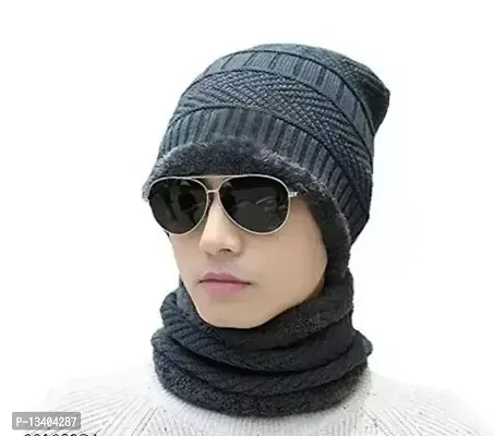 Airproof Protective Mens Woolen knitted Cap with Neck Muffler Neckwarmer (Free Size)-thumb0