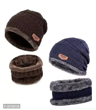 Woolen Beanie/Skull Cap  Neck Warmer (Muffler) Combo For Winters With Faux Fur Inner Side | Warm Hat | Hedging Hat Scarf Set |Air Proof Cap | Woolen Cap | Ear Warmer Cap Pack Of 2 Set