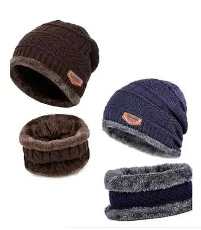 Woolen Beanie/Skull Cap Neck Warmer (Muffler) Combo For Winters With Faux Fur Inner Side | Warm Hat | Hedging Hat Scarf Set |Air Proof Cap | Woolen Cap | Ear Warmer Cap Pack Of 2 Set