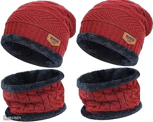 Woolen Beanie/Skull Cap  Neck Warmer (Muffler) Combo For Winters With InSide Fur | Warm Hat | Hedging Hat Scarf Set |Air Proof Cap | Woolen Cap | Ear Warmer 2 Cap  2 Neck Warmer set(Red  Red)