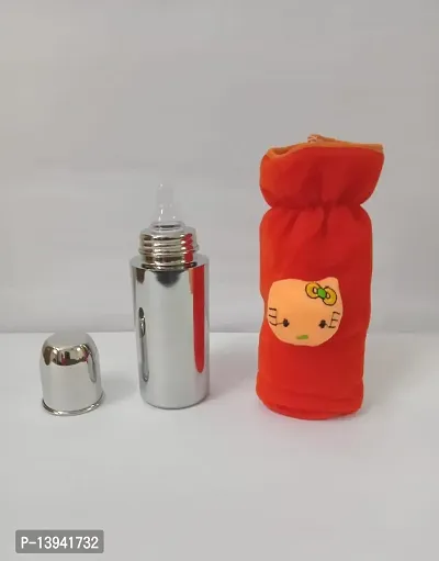 stainless steel milk/water/juice feeding bottle with orange cover.
