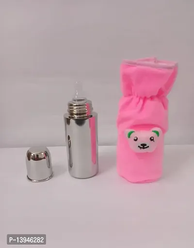 stainless steel milk/juice/water feeding bottle for babies with pink cover.