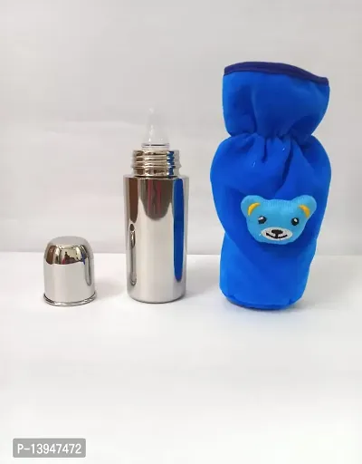 stainless steel milk/juice/water feeding bottle for babies with blue cover.