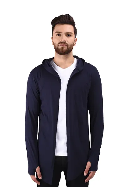 Men's Navy Blue Cotton Blend Solid Long Sleeves Cardigan