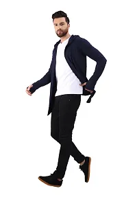 Men's Navy Blue Cotton Blend Solid Long Sleeves Cardigan-thumb3