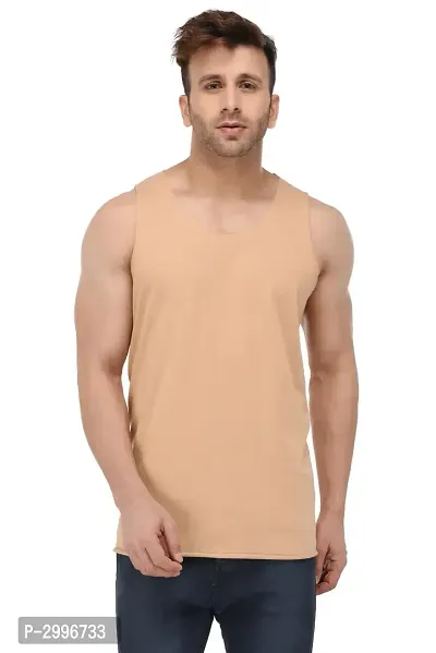 Men's Beige Cotton Blend Solid Slim Fit Activewear Vest