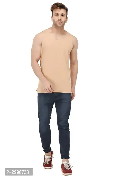 Men's Beige Cotton Blend Solid Slim Fit Activewear Vest-thumb2