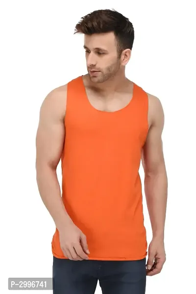 Men's Orange Cotton Blend Solid Slim Fit Activewear Vest