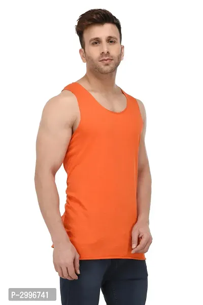 Men's Orange Cotton Blend Solid Slim Fit Activewear Vest-thumb3