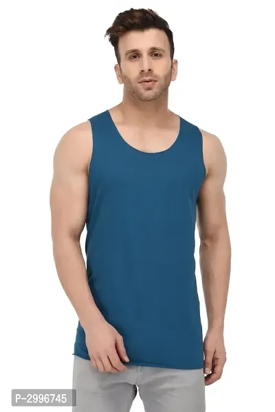 Men's Blue Cotton Blend Solid Slim Fit Activewear Vest-thumb0