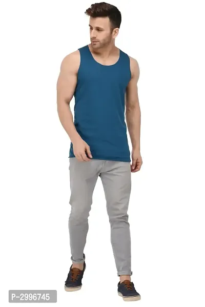 Men's Blue Cotton Blend Solid Slim Fit Activewear Vest-thumb2
