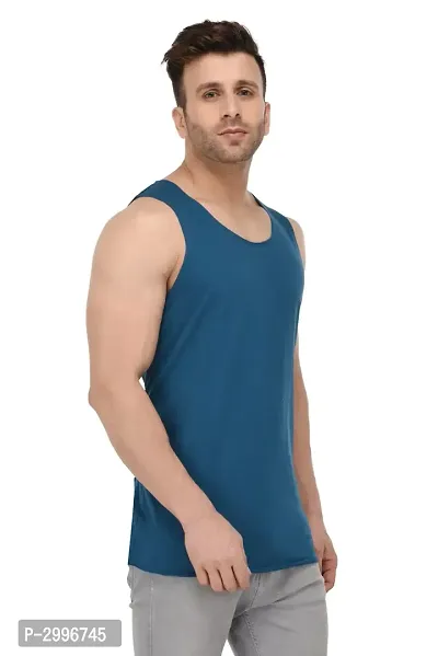 Men's Blue Cotton Blend Solid Slim Fit Activewear Vest-thumb3