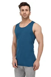 Men's Blue Cotton Blend Solid Slim Fit Activewear Vest-thumb3