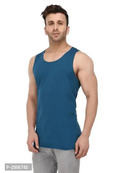 Men's Blue Cotton Blend Solid Slim Fit Activewear Vest-thumb4