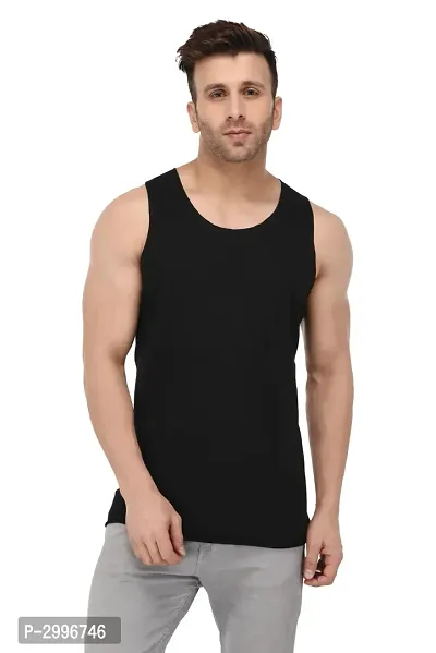 Men's Black Cotton Blend Solid Slim Fit Activewear Vest-thumb0