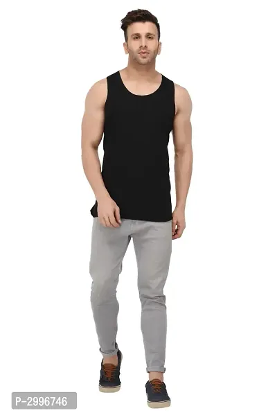Men's Black Cotton Blend Solid Slim Fit Activewear Vest-thumb2