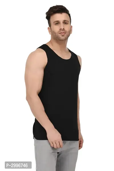 Men's Black Cotton Blend Solid Slim Fit Activewear Vest-thumb3