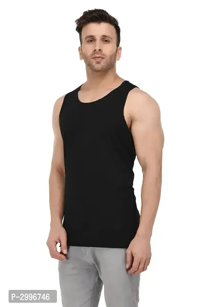 Men's Black Cotton Blend Solid Slim Fit Activewear Vest-thumb4
