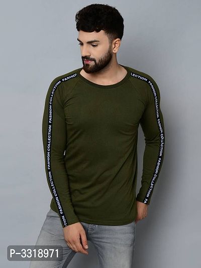 Men's Green Cotton Self Pattern Round Neck Tees