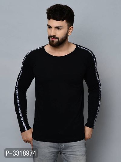 Men's Black Cotton Blend Self Pattern Round Neck Tees