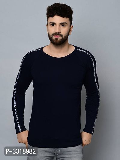 Men's Navy Blue Cotton Self Pattern Round Neck Tees-thumb0