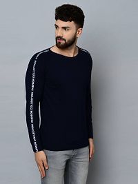 Men's Navy Blue Cotton Self Pattern Round Neck Tees-thumb1