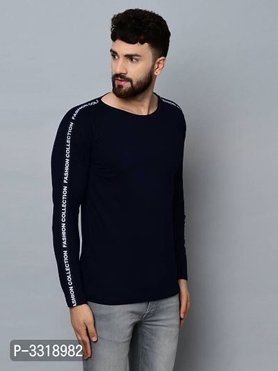 Men's Navy Blue Cotton Self Pattern Round Neck Tees-thumb2