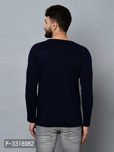 Men's Navy Blue Cotton Self Pattern Round Neck Tees-thumb4