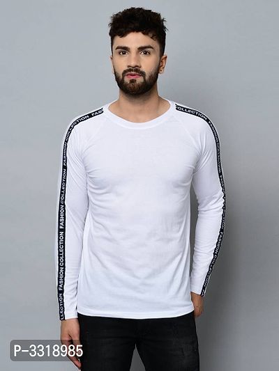 Men's White Cotton Self Pattern Round Neck Tees