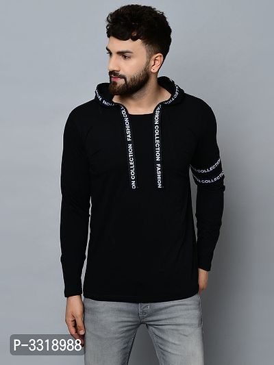 Men's Black Cotton Blend Self Pattern Hooded Tees-thumb0