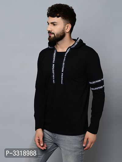 Men's Black Cotton Blend Self Pattern Hooded Tees-thumb2