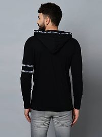 Men's Black Cotton Blend Self Pattern Hooded Tees-thumb3