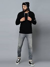 Men's Black Cotton Blend Self Pattern Hooded Tees-thumb4