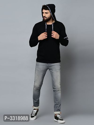 Men's Black Cotton Blend Self Pattern Hooded Tees-thumb5