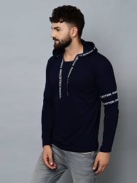 Men's Navy Blue Cotton Self Pattern Hooded Tees-thumb1